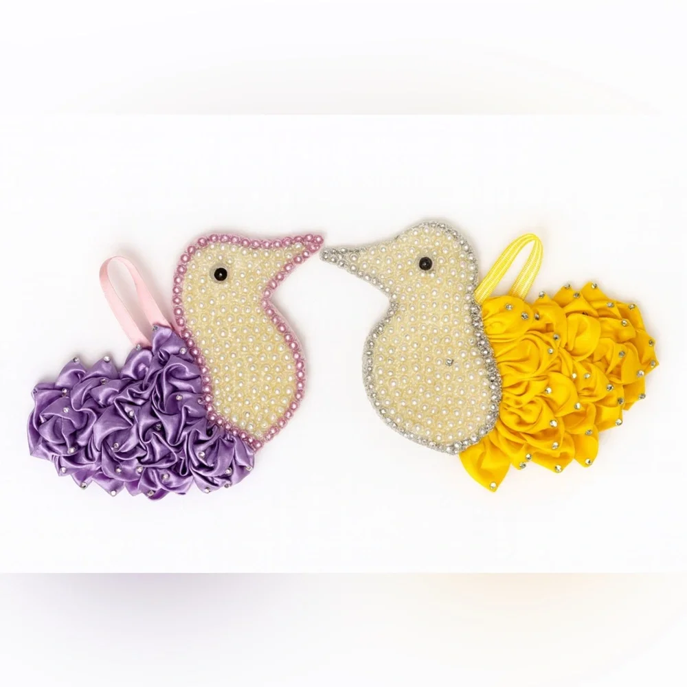 Handmade Beaded Bird Ornament Pair-Yellow & Purple Satin Ribbon with PearlsDecor